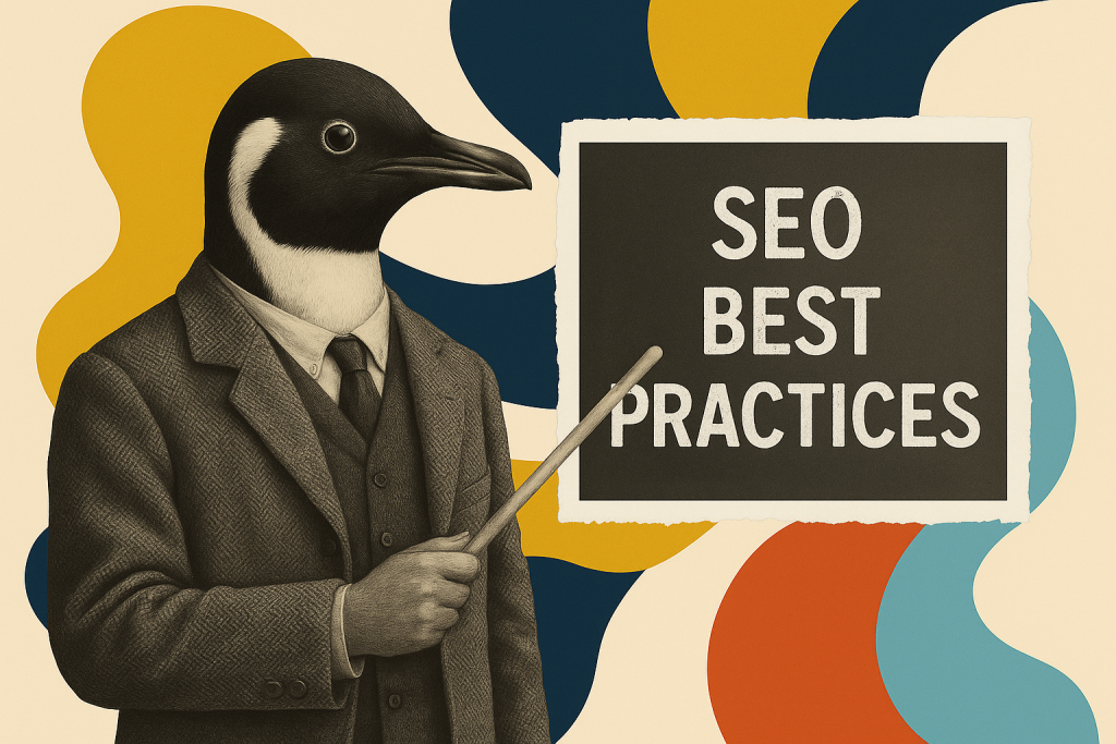 A vintage-style digital collage shows an anthropomorphic penguin dressed in a professor’s three-piece suit, pointing with a chalk stick at a torn-edge blackboard that reads "SEO BEST PRACTICES" in bold white chalk lettering. The background features abstract, curvy shapes in mustard yellow, navy blue, teal, and burnt orange, creating a playful yet professional atmosphere.