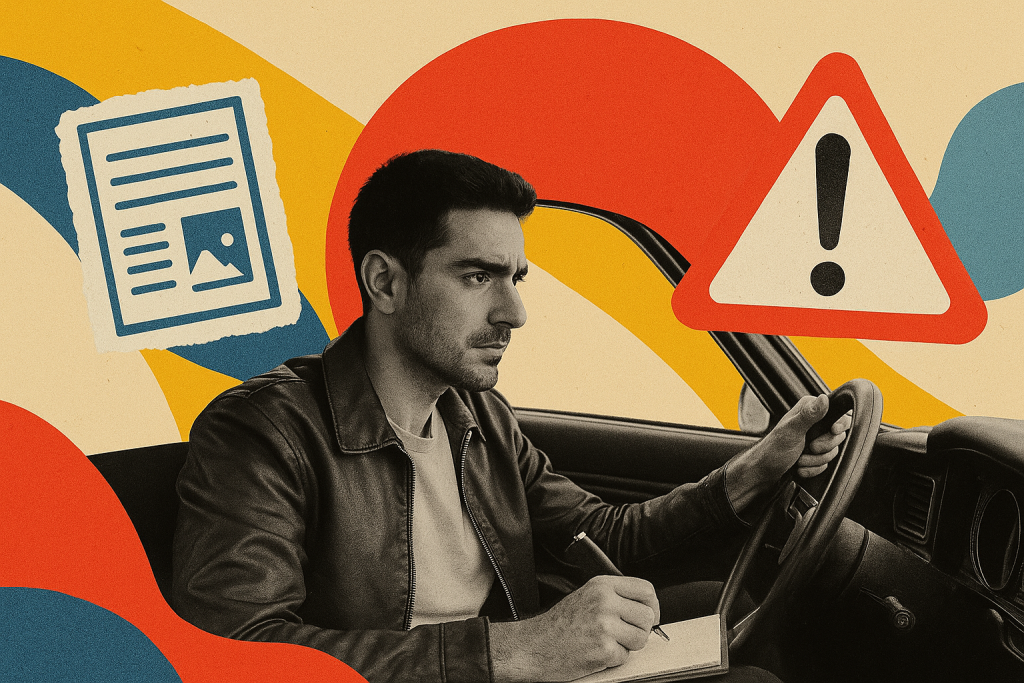 A digital collage features a young man with Mediterranean or South Asian features, sitting in the driver’s seat of a vintage muscle car. He wears a leather jacket and a neutral t-shirt, gripping the steering wheel with one hand and holding a pen over a notepad with the other. The image is in black and white, layered over a beige background with bold abstract shapes in red, navy, yellow, and light blue. Magazine-style cutouts include a document page symbolizing written content on the left, and a red triangular warning sign with an exclamation point on the right, representing content mistakes. The visual metaphor aligns with the idea of "driving" content strategy.