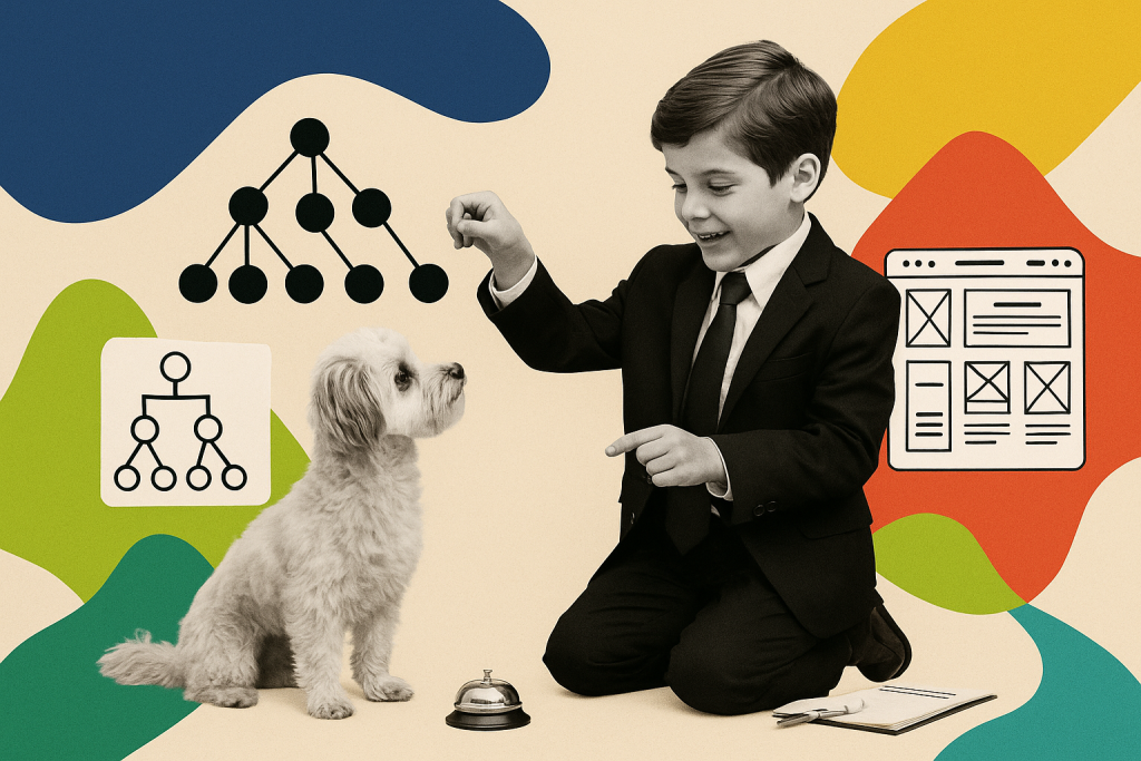 A digital collage features a young boy in a black suit and tie, kneeling and smiling while training a small cream-colored Malti-Poo dog. The boy holds a treat above the dog’s head as the dog sits attentively next to a silver bell. The background includes abstract shapes in red, chartreuse, navy, and beige. Cutout-style collage elements depict a UX wireframe, a website hierarchy chart, and a semantic tree diagram, visually symbolizing SEO structure, behavioral tracking, and user pathways. The playful imagery represents the concept of training systems for measurable, repeatable outcomes in SEO.